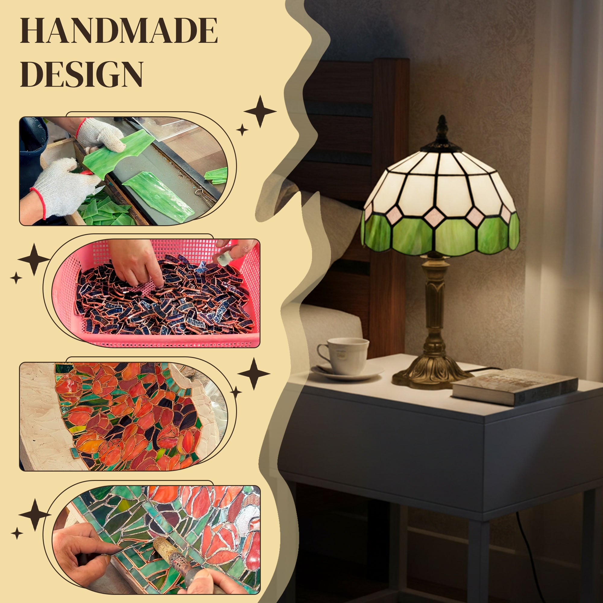 HOMCOM Handmade Art Deco Glass Table Lamp - White/Green 