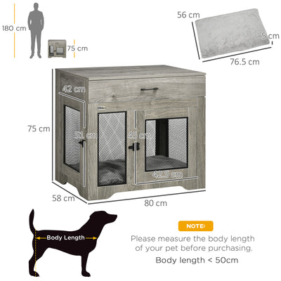 PawHut Dog Cage End Table with Two Doors, Drawer, for Medium Dogs - Grey 