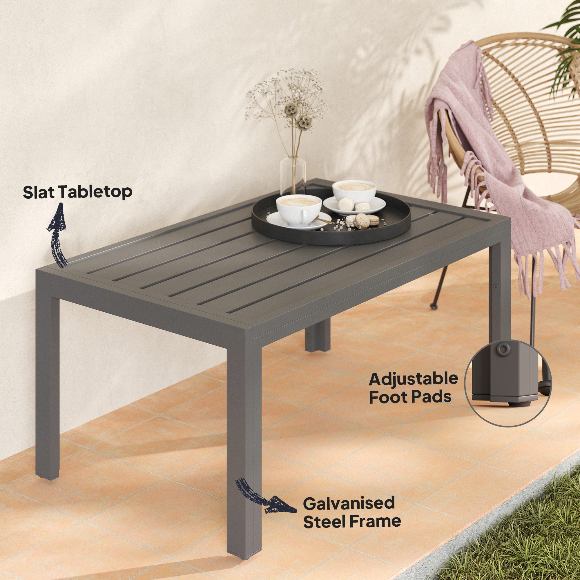 Outsunny Outdoor Side Table, Rectangular Patio Coffee Side Table with Steel Frame and Slat Tabletop for Garden, Balcony, Grey 