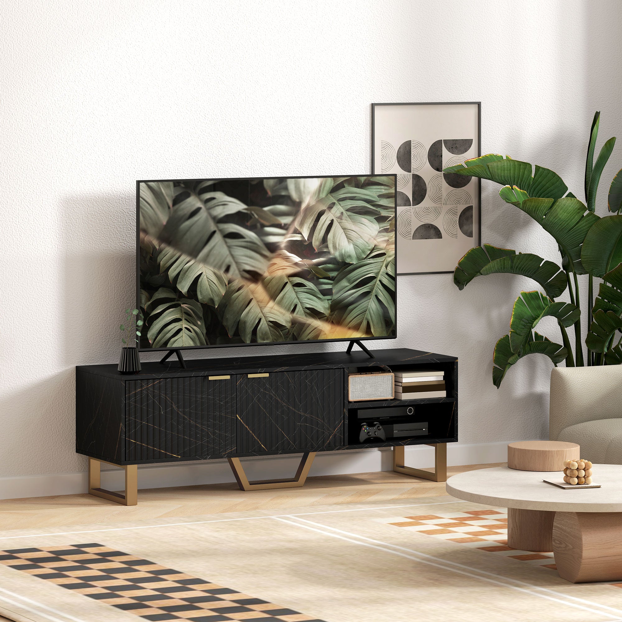 HOMCOM Marble Effect TV Unit, TV Stand Cabinet for up to 70" TVs, Modern TV Cabinet with Shelves and Storage Cupboard, Fluted Door, Extra Centre Leg, Cable Management for Living Room, Black 
