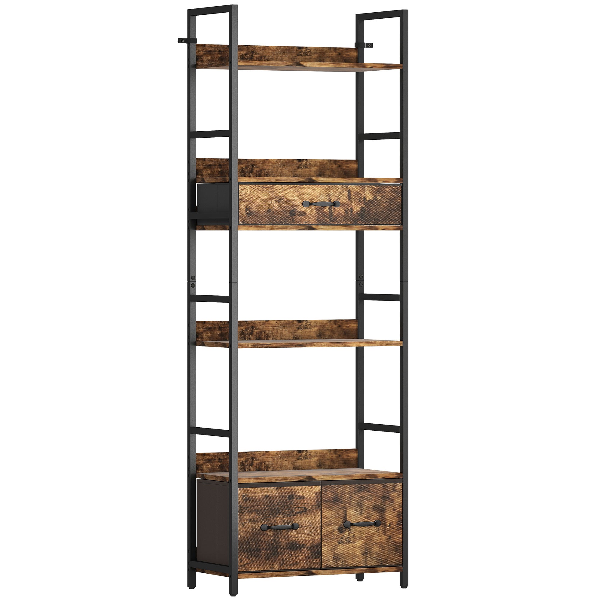 HOMCOM Industrial Style Bookcase, with 4 Shelves and 3 Fabric Drawers - Brown/Black 