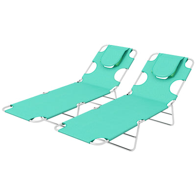 Outsunny Foldable Sun Lounger Set of 2 with Reading Hole, Portable Sun Lounger with 5 Level Adjustable Backrest, Reclining Lounge Chair with Side Pocket, Headrest Pillow, Green 