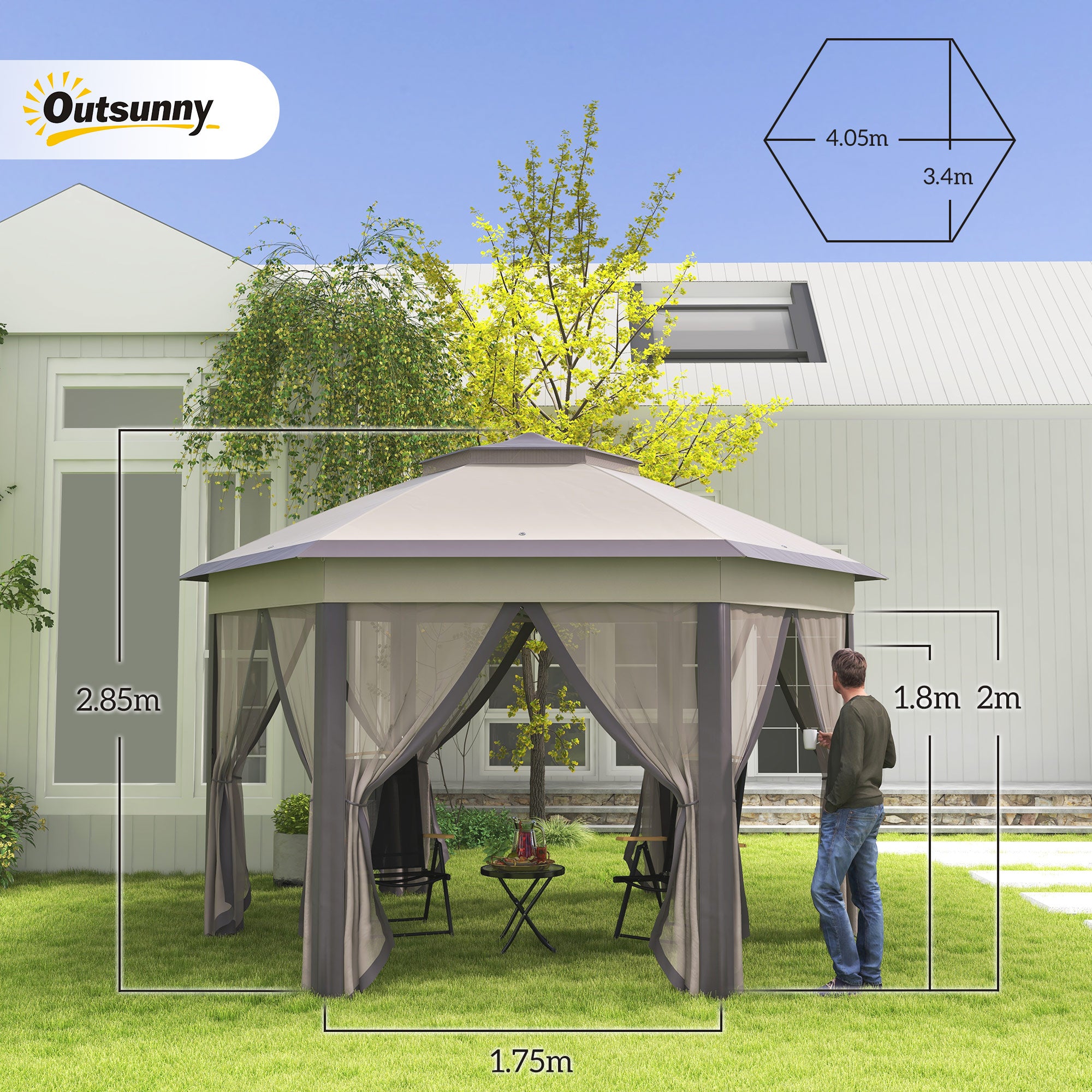 Outsunny 3 x 4m Garden Gazebo Hexagon Pop Up Party Tent Canopy Double Roof Instant Shelter with Netting and Carry Bag for Outdoor Patio, Beige 