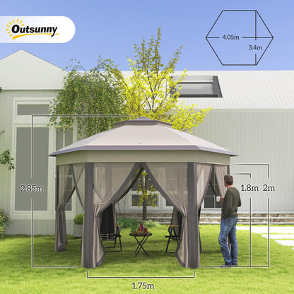 Outsunny 3 x 4m Garden Gazebo Hexagon Pop Up Party Tent Canopy Double Roof Instant Shelter with Netting and Carry Bag for Outdoor Patio, Beige 