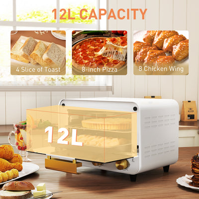 HOMCOM Small Toaster Oven, 12L Multifunction Mini Countertop Oven with Glass Door, Adjustable Temperature and Timer, Accessory Included, 750W, White 