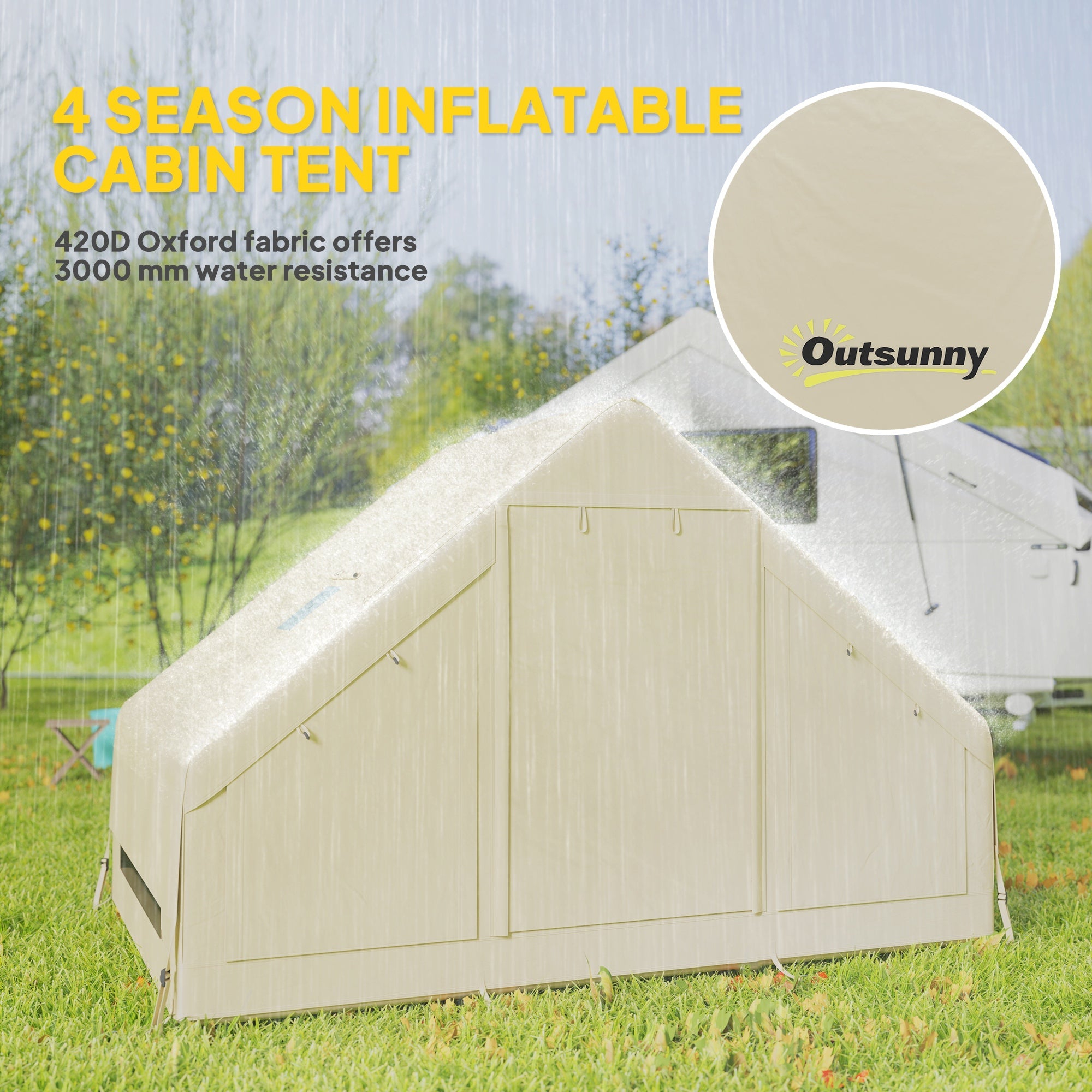 Outsunny Inflatable Camping Tent with Pump, Easy Setup 2-4 Person Blow Up Tent, Waterproof Luxury Inflatable Tent with Mesh Windows, Doors, Hook and Carry Bag, Beige 