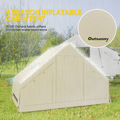 Outsunny Inflatable Camping Tent with Pump, Easy Setup 2-4 Person Blow Up Tent, Waterproof Luxury Inflatable Tent with Mesh Windows, Doors, Hook and Carry Bag, Beige 