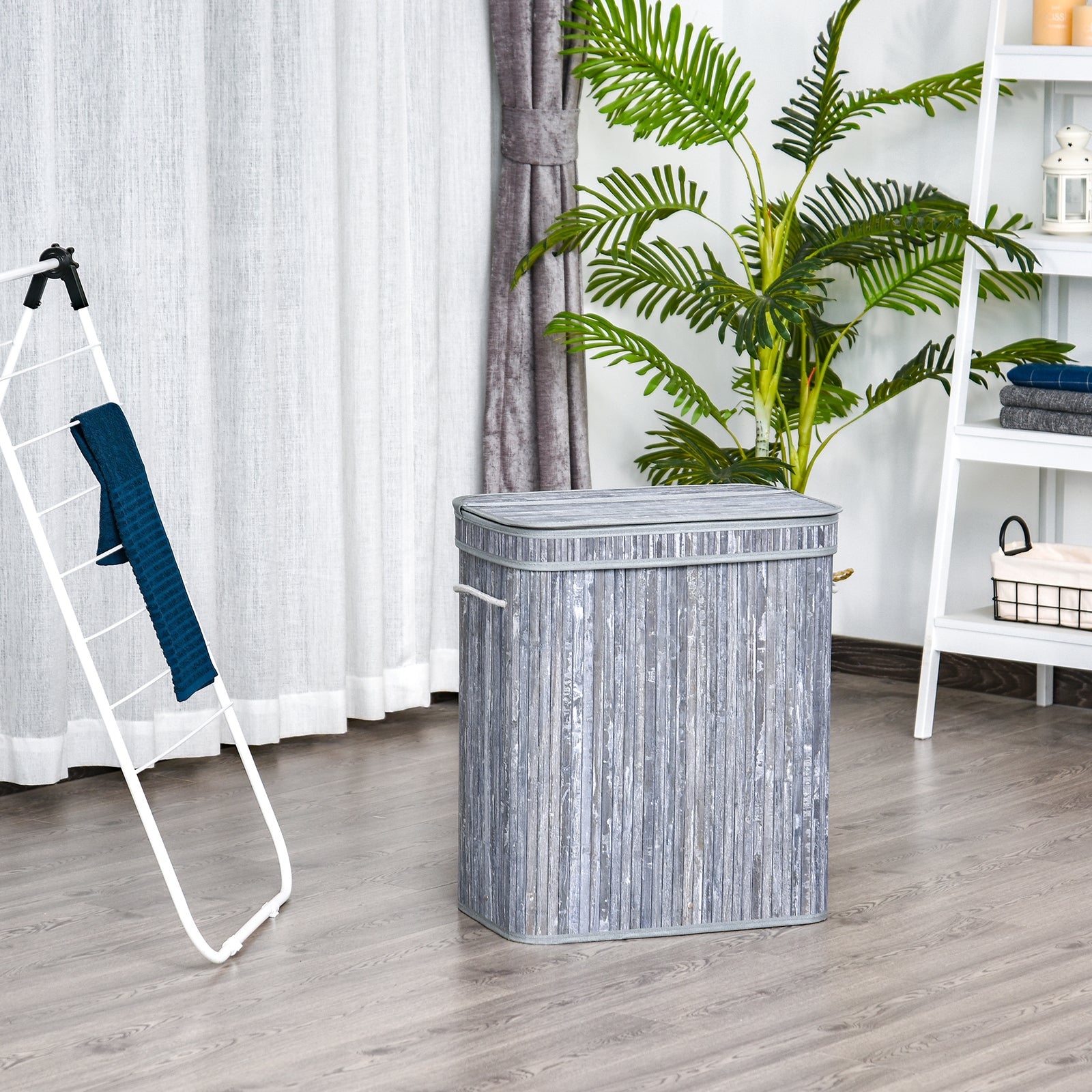 HOMCOM 100L Wooden Laundry Basket w/ Split Compartment Lid Removable Lining Handles Air Holes Ventilation Foldable Durable Water-Resistant Dirty Clothes Storage Home Organisation Grey 