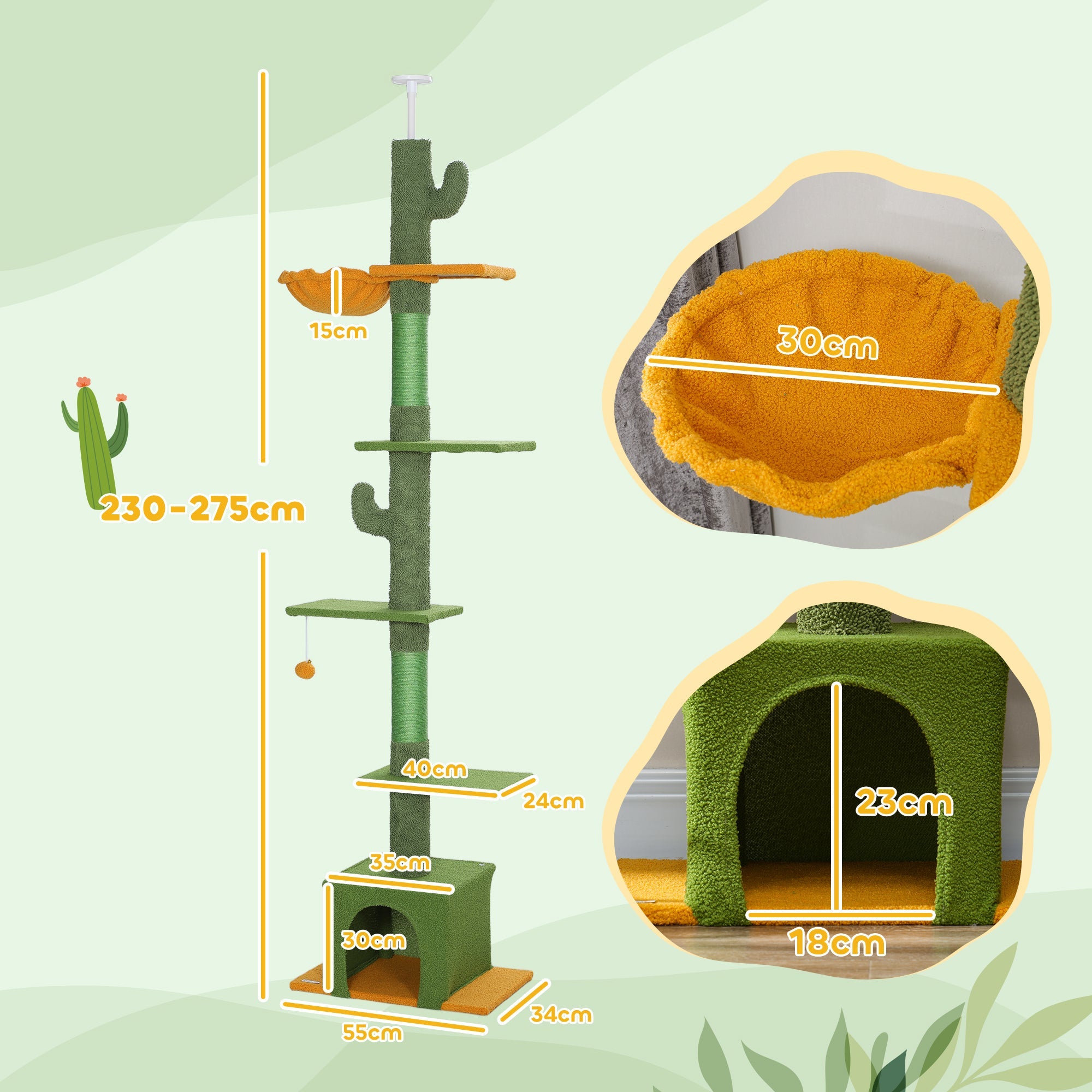 PawHut 230-275cm Floor-to-Ceiling Adjustable Cat Tree with Scratching Posts, Hammock 