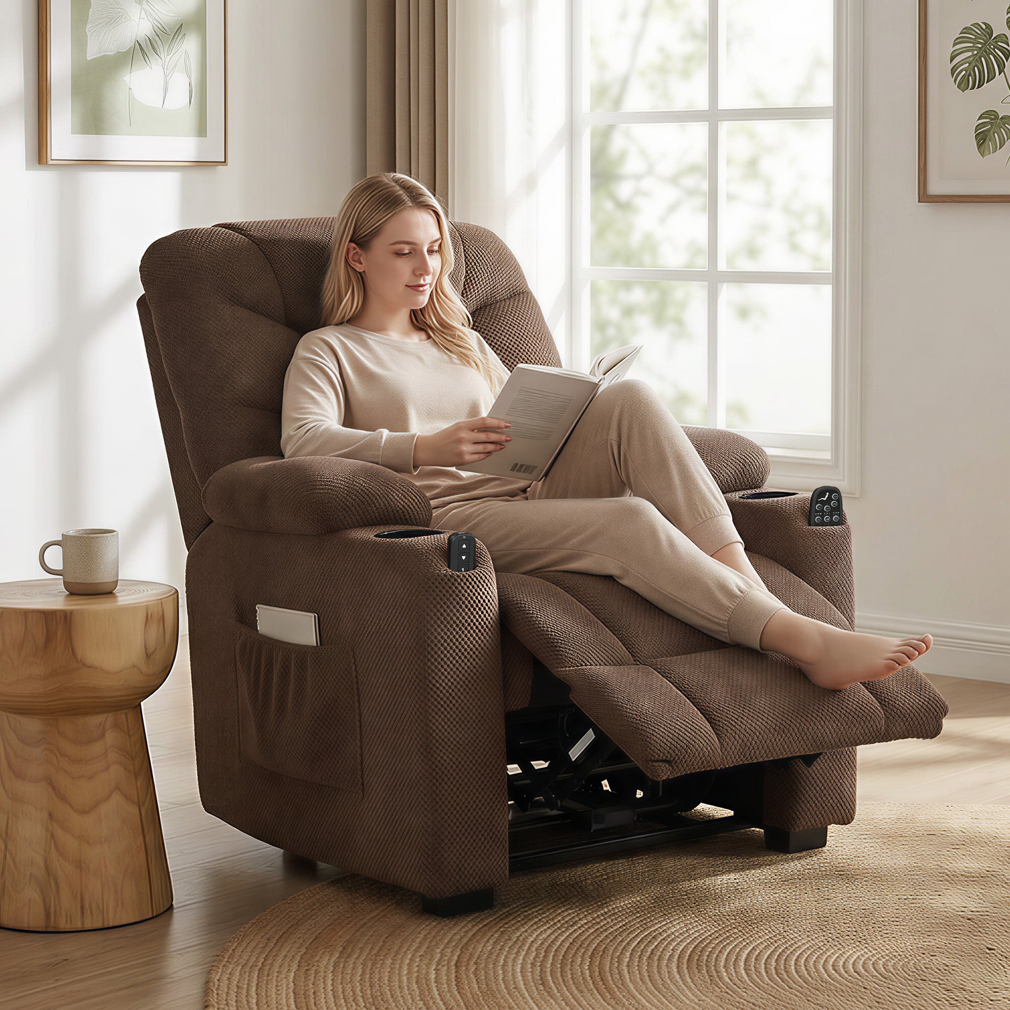 HOMCOM Electric Massage Recliner Armchair with Vibration, Heat, Whisper-Quiet Motor, Memory Function, Fleece Power Reclining Chair with Spring Pack, USB Port, Footrest, Side Pocket, Cup Holders, Brown 