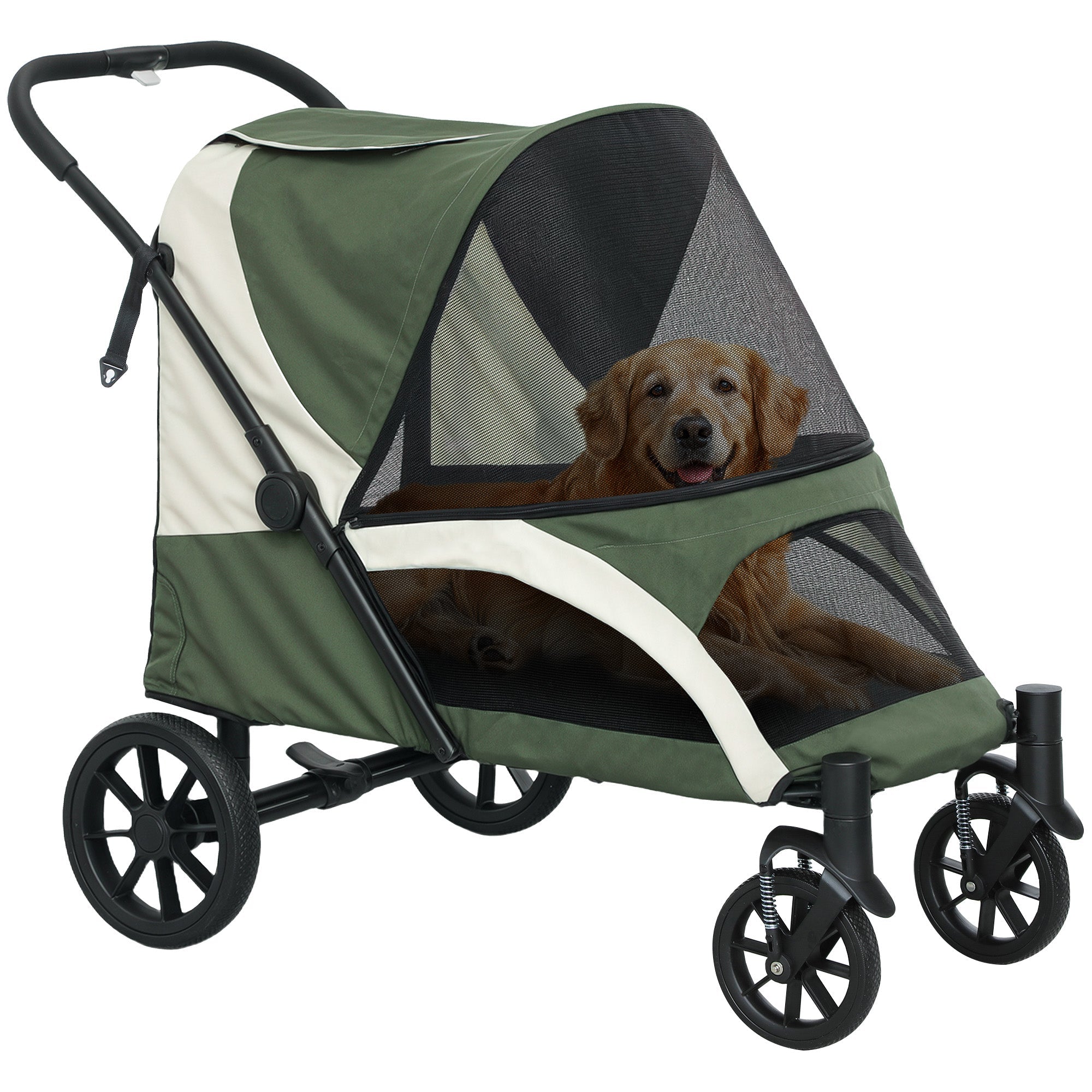 PawHut Easy Folding Pet Stroller for Large Dogs with 4 Big Wheels, Shock Absorb Frame, Safety Leashes, Brakes, Dark Green 