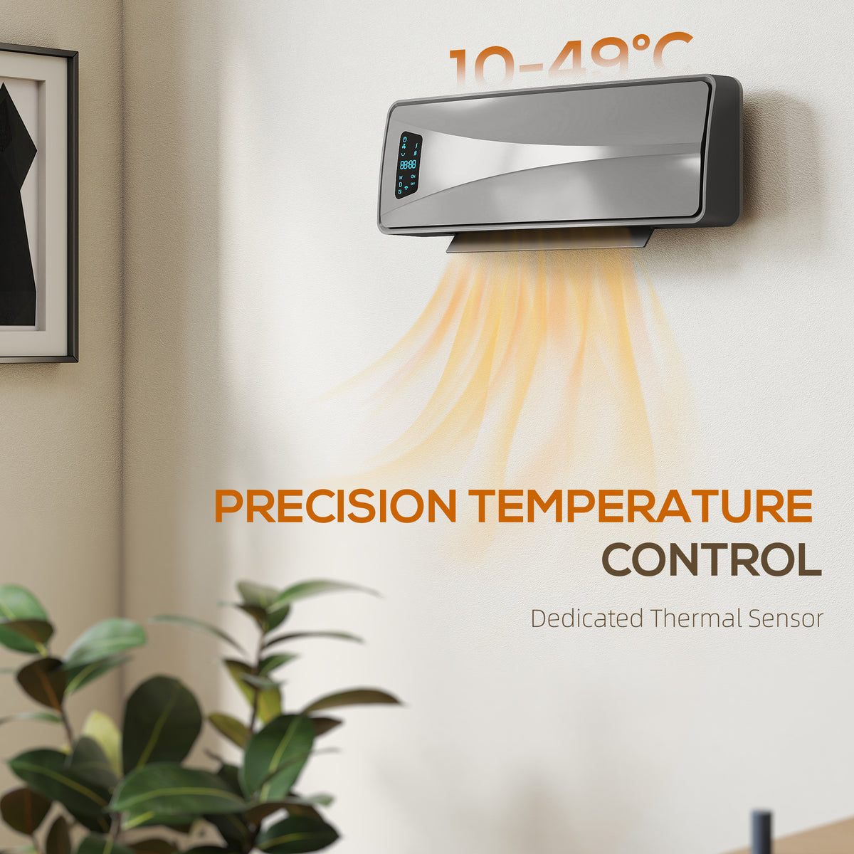 HOMCOM 2000W PTC Ceramic Fan Heater, Wall Mounted, 30° Oscillation, 54L x 18.7W x 14.5H cm - Grey