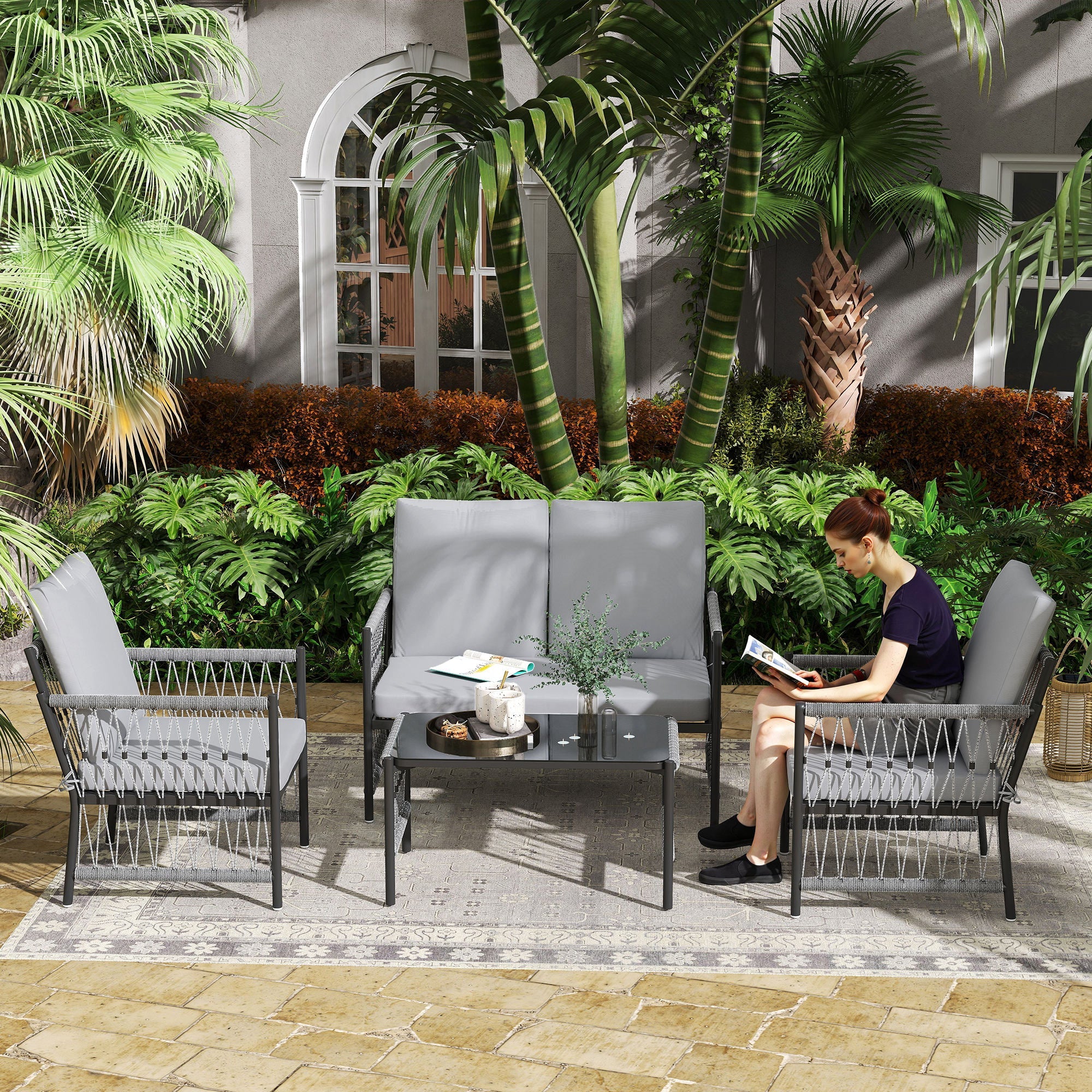 Outsunny 4 Piece Rattan Garden Furniture Set, 4 Seater Wicker Patio Conversation Set with 2 Armchairs, Loveseat, Glass Top Coffee Table and Cushions for Outdoor, Balcony, Grey 