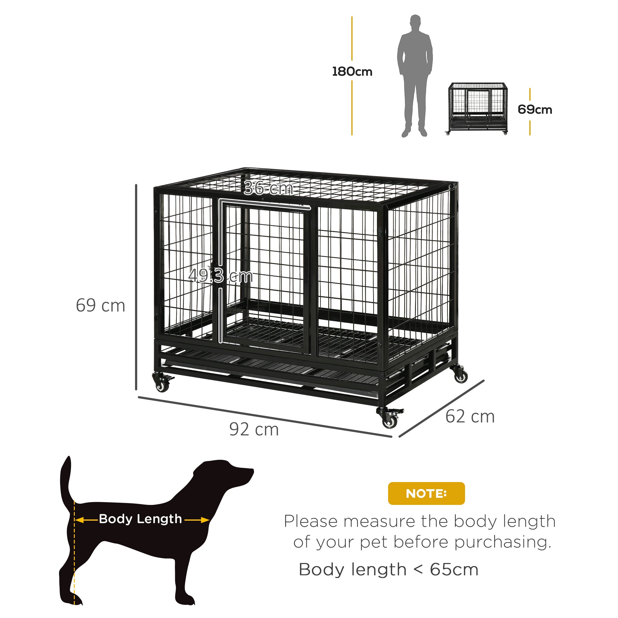 PawHut 38" Heavy Duty Metal Dog Crate Pet Cage with Tray Wheeled Dog Kennel - Black (Medium) 