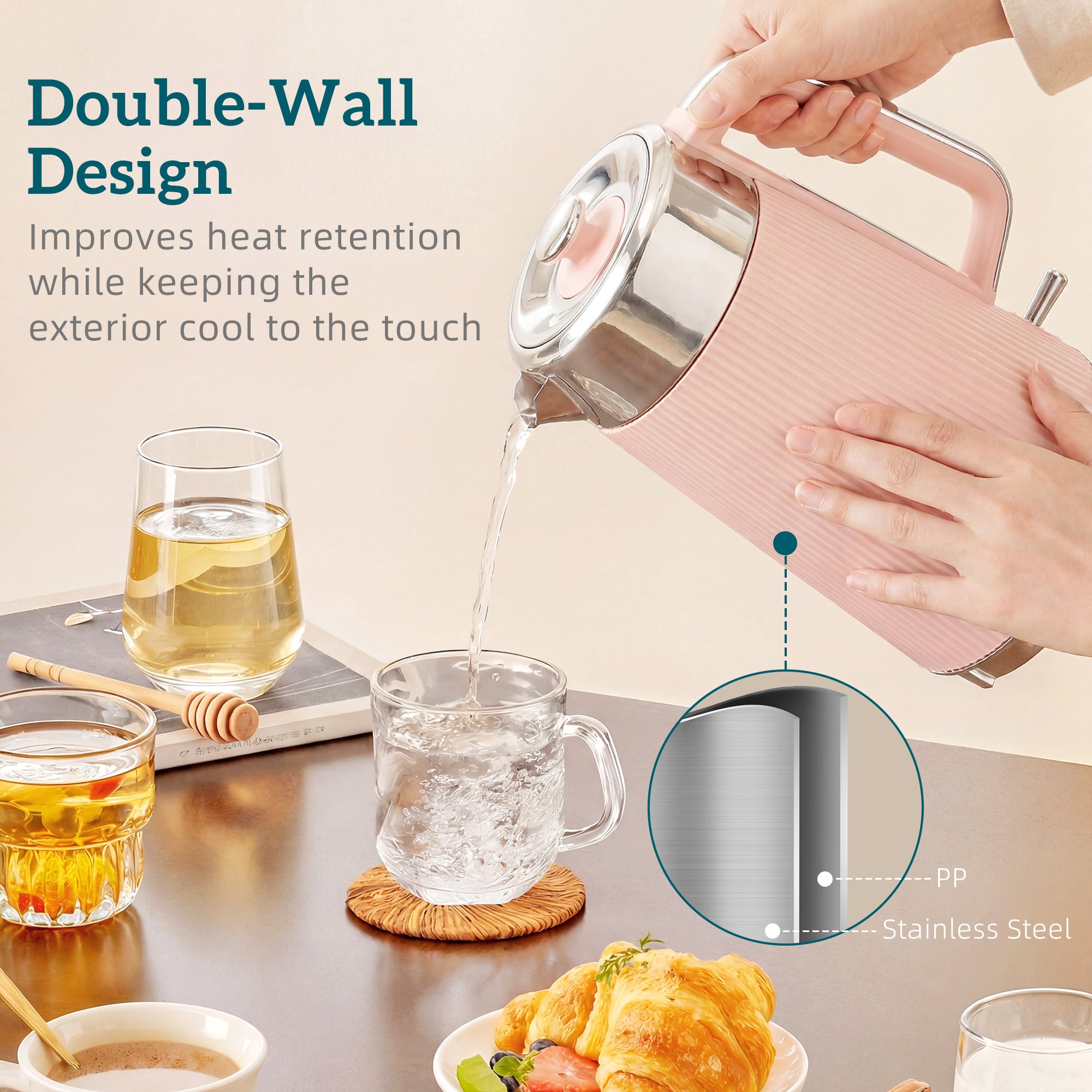 HOMCOM Electric Stainless Steel Kettle and Toaster Set, 3000W 1.7L UK Strix Thermostat Fast Boil Kettle Pink 