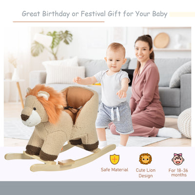 HOMCOM Kids Children Rocking Horse Plush Ride On Lion Seat w/ Sound Wood Base Seat Safety Belt Toddler Baby Toy for 18-36 Months Brown 