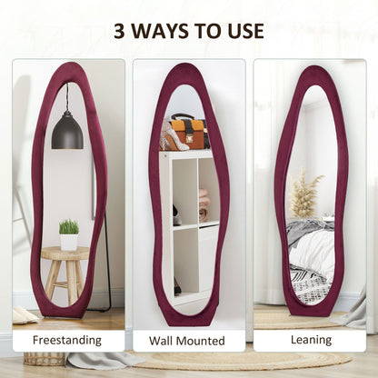 HOMCOM Wavy Velvet-Feel Full Length Mirror - Wine Red 