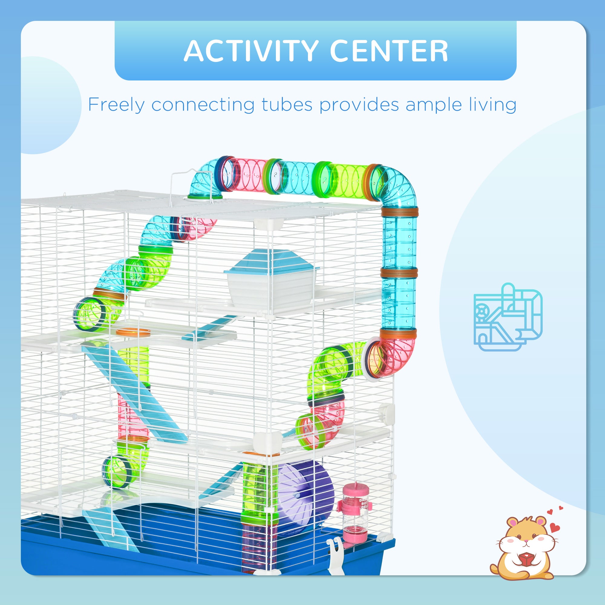 PawHut 5 Tier Hamster Cage, Gerbil Cage with Tube, Water Bottle, Exercise Wheel, Food Dish, 59L x 36W x 69H cm - Blue