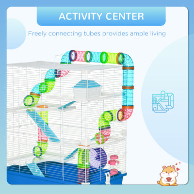 PawHut 5 Tier Hamster Cage, Gerbil Cage with Tube, Water Bottle, Exercise Wheel, Food Dish, 59L x 36W x 69H cm - Blue 