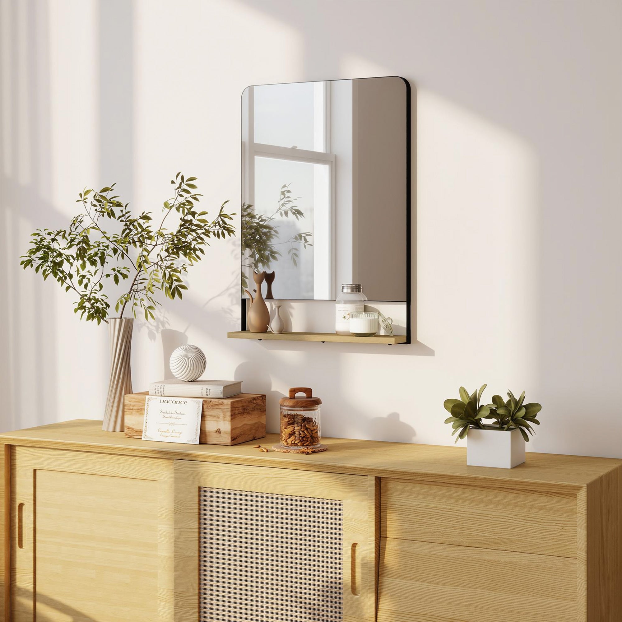 HOMCOM Wall Mirror with Wood Shelf - Black 