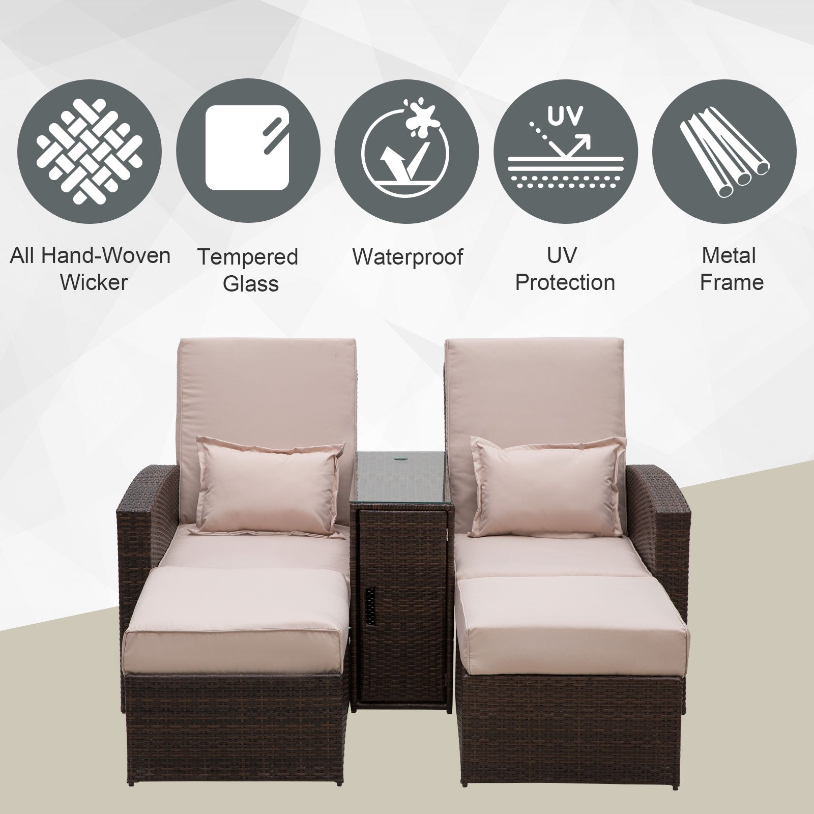 Outsunny 2-Seater Rattan Sofa Lounger Set-Brown 