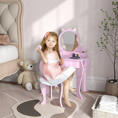 ZONEKIZ Kids Vanity Table with Mirror, Stool, Drawer, Storage Boxes, Cat Design, for Ages 3-6 Years - Pink 
