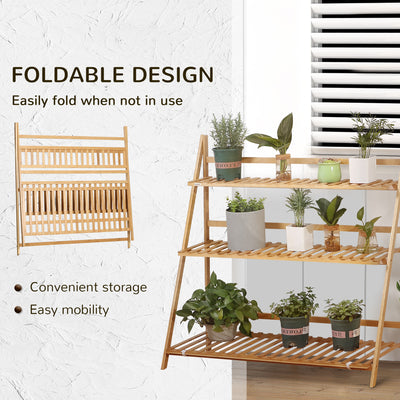 Outsunny 3-Tier Plant Stand, Plant Shelf Rack, Folding Bamboo Display Stand, 98x37x96.5cm, Natural 