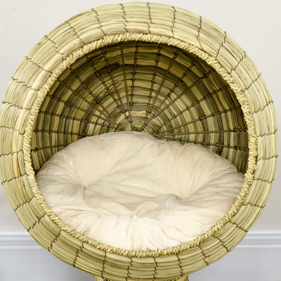 PawHut Raised Detachable Cat house, Natural Mat Grass Cat Bed, with Cushion 