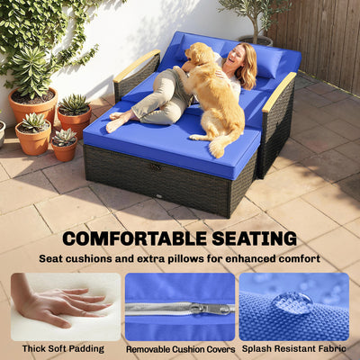 Outsunny Double Garden Rattan Daybed, Wicker Sun Bed Chaise Lounger with Storage Ottoman, 4-Level Adjustable Backrest, Brown 