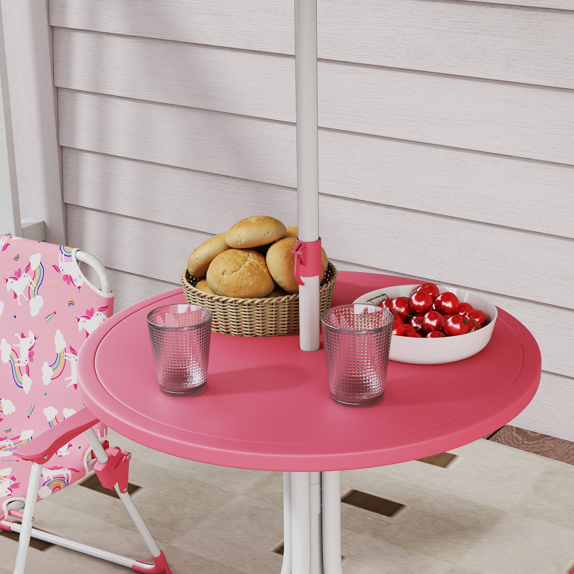 AIYAPLAY Kids Patio Table and Chair Set, Kids Garden Furniture with Umbrella, 4-Piece Bistro Set for Garden, Pink 