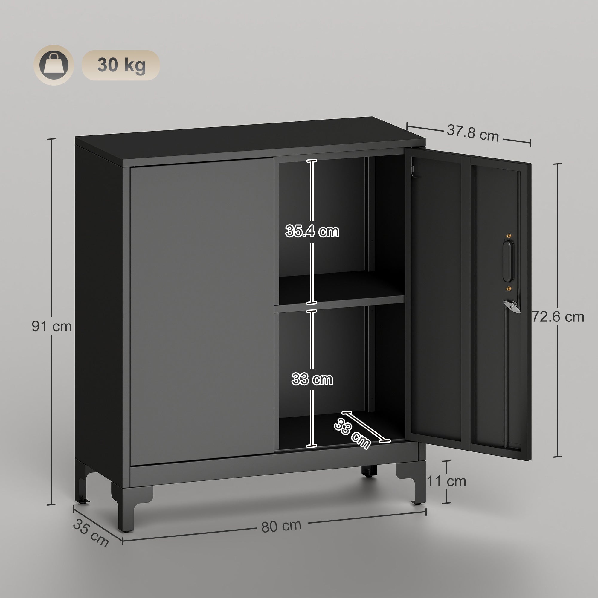HOMCOM Lockable Metal Filing Cabinet, 2-Tier Storage Cupboard with Double Doors, Modern Office Organiser, Black 