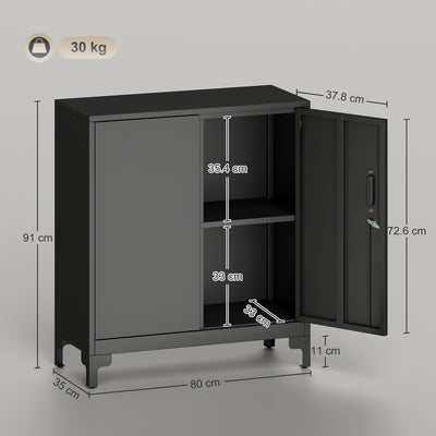 HOMCOM Lockable Metal Filing Cabinet, 2-Tier Storage Cupboard with Double Doors, Modern Office Organiser, Black 