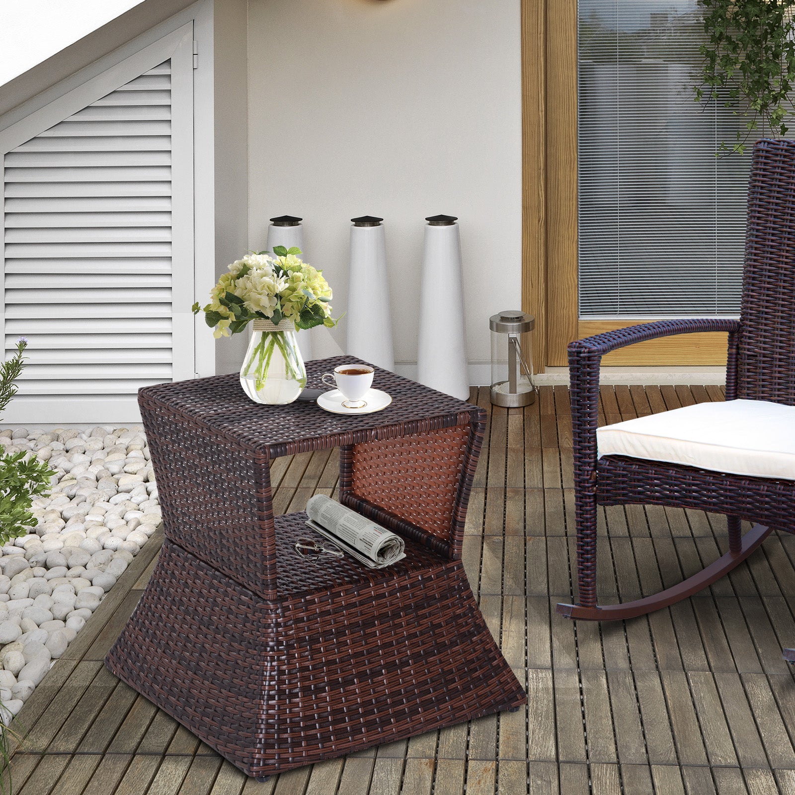 Outsunny Rattan Outdoor Coffee Table, Wicker Garden Patio Bistro Side Table with Umbrella Hole and Storage Space for Balcony, Porch, Brown 