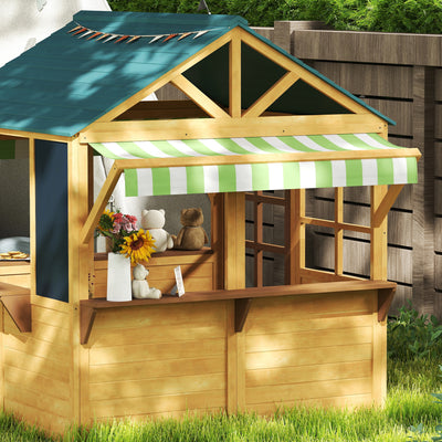 AIYAPLAY Wooden Playhouse for Kids, Foldable Wendy House with Windows, Working Door, Service Stations, Rain Covers, Brown 