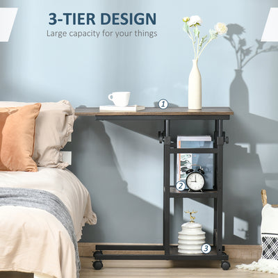 HOMCOM C-Shaped Side Table Industrial Mobile Rolling End Desk with 3-Tier Storage Shelving, Adjustable Height, Wheels 