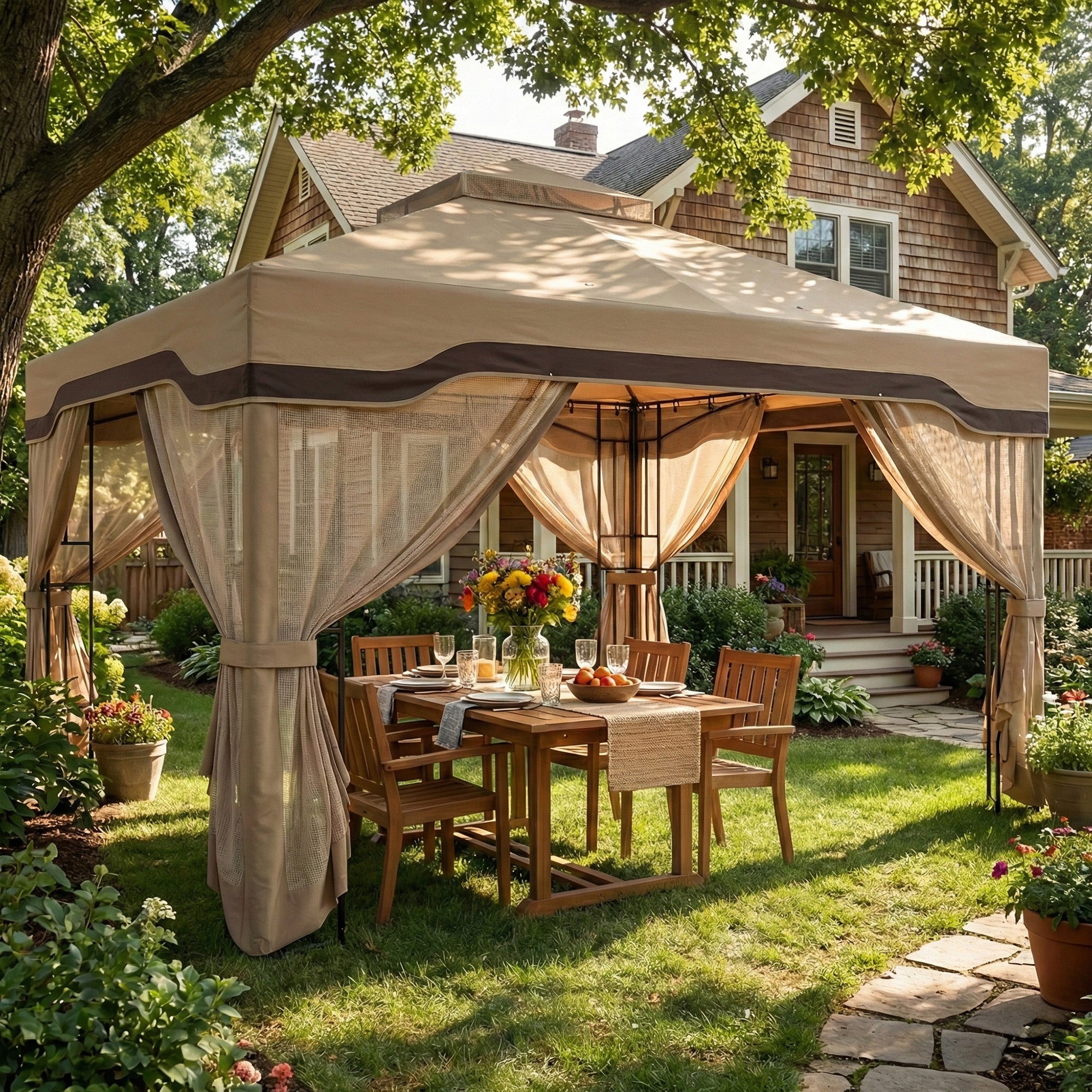 Outsunny 3 x 3.6 m Outdoor Garden Gazebo with Post Shelves, UPF50+ Patio Permanent Pavilion with Hook, Khaki 