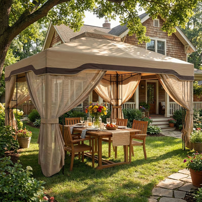Outsunny 3 x 3.6 m Outdoor Garden Gazebo with Post Shelves, UPF50+ Patio Permanent Pavilion with Hook, Khaki 
