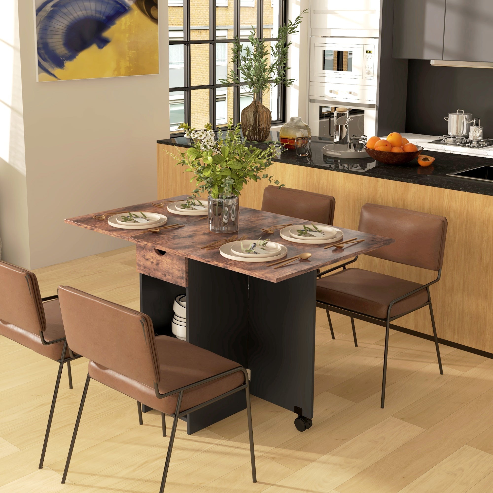 HOMCOM Folding Dining Table, Drop Leaf Table for Small Spaces, Foldable Table with Drawer and Storage Shelves for Kitchen, Dining Room, Rustic Brown 