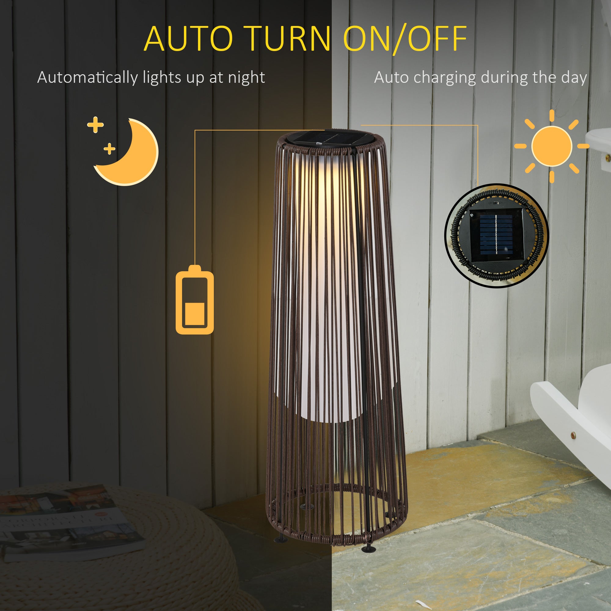 Outsunny Patio Garden PE Rattan Solar Lights Woven Resin Wicker Lantern Auto On/Off Solar Powered Lights for Porch, Yard, Lawn, Courtyard, Indoor & Outdoor  Brown 