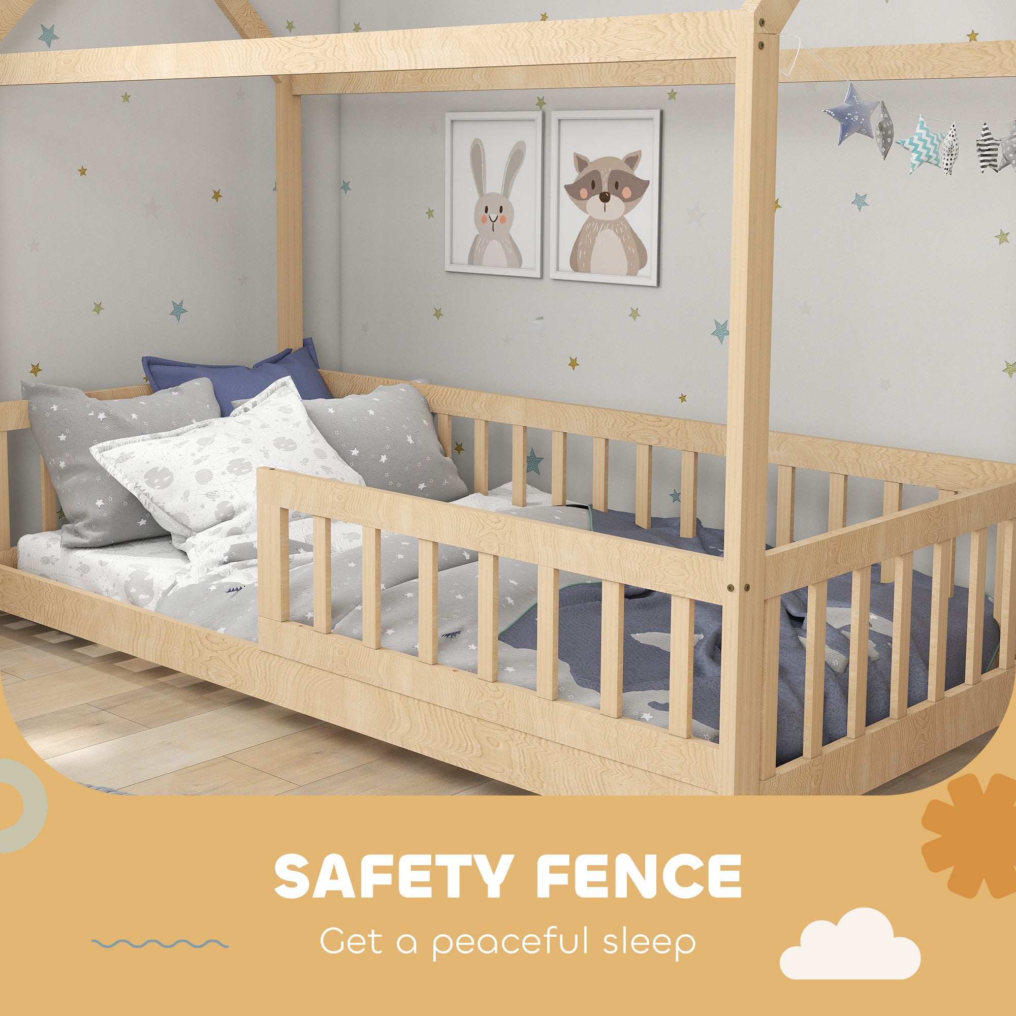 HOMCOM House-Shaped Kids Bed Frame with Guard Rails, Solid Pine Wood Single Bed Frame for Kids Boys and Girls, Natural 