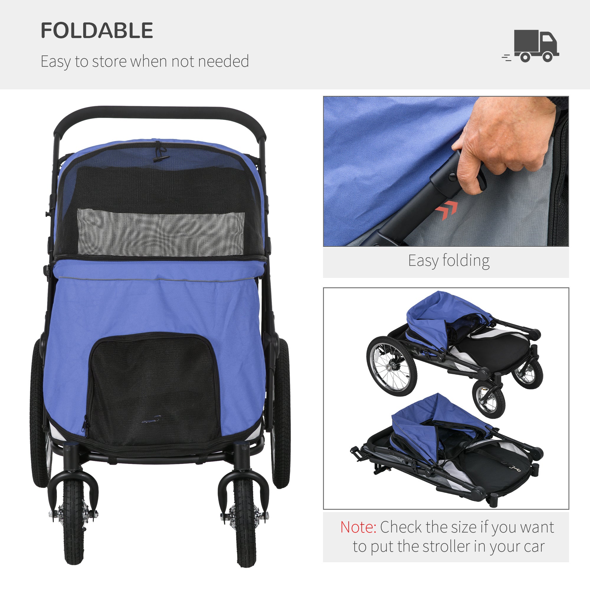 PawHut Foldable Pet Stroller, with Washable Cushion, Storage Bags, Safety Leash, for Medium, Large Dogs, Cats - Blue 