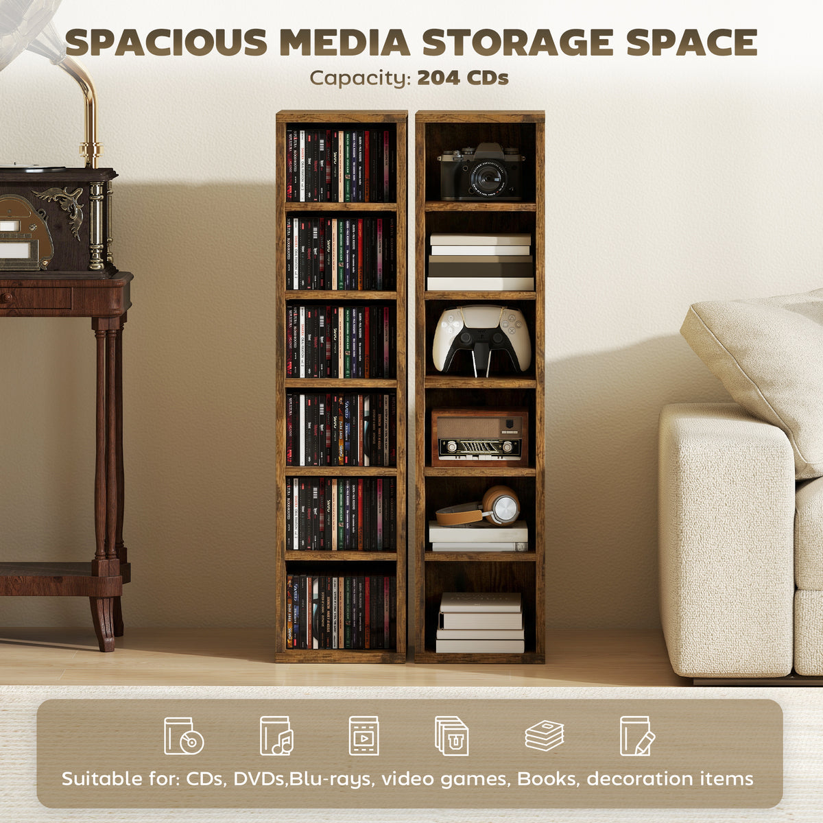 HOMCOM Set of 2 CD Media Display Shelf Unit Tower Rack with Adjustable Shelves, Rustic Brown 