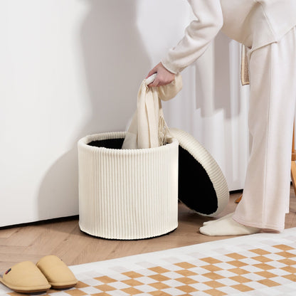 HOMCOM 40cm Round Storage Ottoman, Corduroy Footstool with Removable Lid and Legs, Vanity Stool for Living Room, Bedroom, Beige 