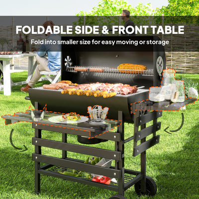 Outsunny Charcoal BBQ Grill with Foldable Front Side Shelf, Portable Barbecue Smoker with Warming Rack, Bottom Shelf, Lid, Temperature Gauge, Wheels for Outdoor Cooking Garden Party, Black 