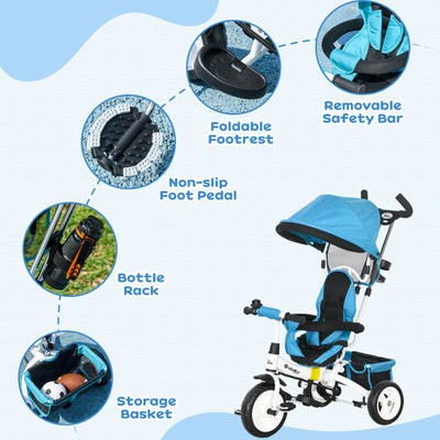 HOMCOM 6 in 1 Kids Trike Push Bike w/ Push Handle, Canopy, 5-point Safety Belt, Storage, Footrest, Brake, for 1-5 Years, Blue 