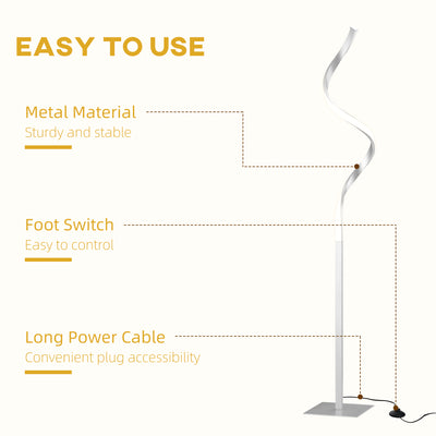 HOMCOM Dimmable Floor Lamp for Living Room, Modern Spiral Standing Lamp with 3 Adjustable Brightness and Square Base, Silver 