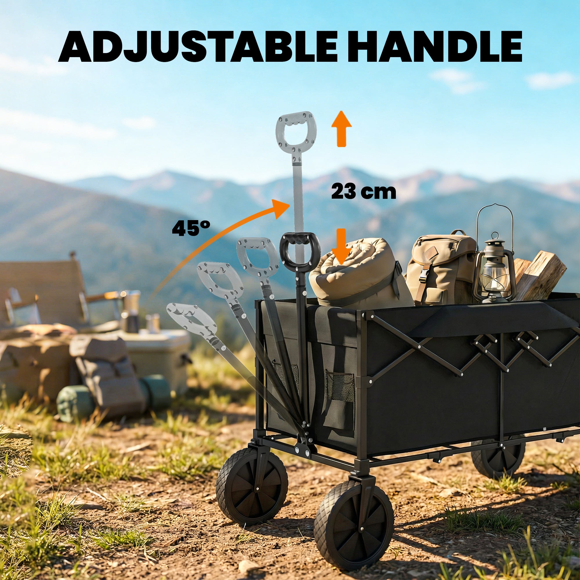Outsunny 95L Foldable Festival Trolley on Wheels, Collapsible Wagon Cart with Adjustable Handle and 2 Cup Holders, Black 