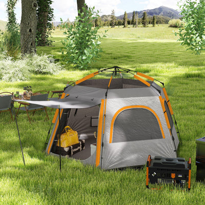 Outsunny Instant Camping Tent, 2/3/4 Person Easy Setup Family Tent with Vestibule, Rainfly, 4 Mesh Windows & 2 Doors, Hexagonal Design, Waterproof UV Protected Dome Tent, Light Grey 