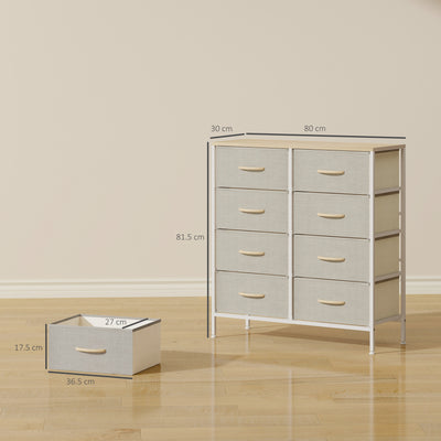 HOMCOM Fabric Chest of Drawers, Industrial Bedroom Dresser with 8 Fabric Drawers, Steel Frame and Wooden Top for Nursery, Living Room, Hallway, Maple Wood-effect 