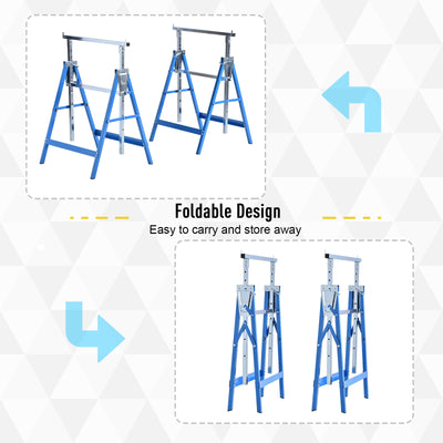 HOMCOM Set of 2 Adjustable Telescopic Builders Trestle, DIY Steel Work Bench Carpenter, Folding Saw Horse Tools Blue 